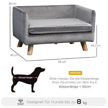 PawHut Dog Sofa Velvet Touch Pet Sofa для маленьких собак до 8 кг з дерев'яними ніжками сірий 64x45x36см для стильних меблів для домашніх тварин
