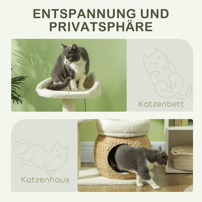 PawHut Когтеточка для котів 79 см з будиночком, лежаком і іграшками, кремово-біла, з сизалевими стовпчиками, для котів до 5 кг