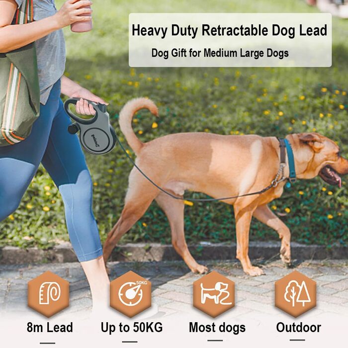 Рулетка для собак Dotolog 8м, висувна повідка для собак середніх та великих порід до 50 кг, повідка-рулетка, сіра/чорна