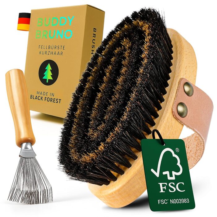Щітка для собак Buddy Bruno® для короткошерстих порід, 100% натуральна щетина, для щоденного догляду за шерстю, преміум-щітка для собак та котів, з очисником для щітки, MADE IN DE