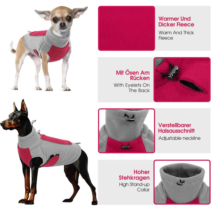 Теплий флісовий пуловер для собак - теплий зимовий пуловер з подвійним шаром (Розмір: M, Обхват грудей: 42 см, Обхват шиї: 29 см, Червоний)