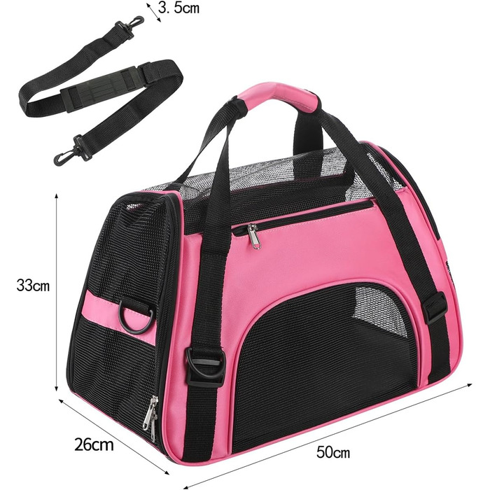 Транспортна сумка для собак і котів, рожева, 50x26x33 см - дихаюча, складна, з регульованим плечовим ременем