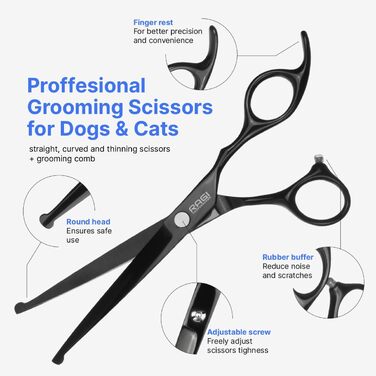 Набір професійних ножиць для собак RAGI - 4 шт. - ножиці для стрижки собак, вигнуті - ножиці для собак з круглим кінчиком - для собак та котів - чорного кольору