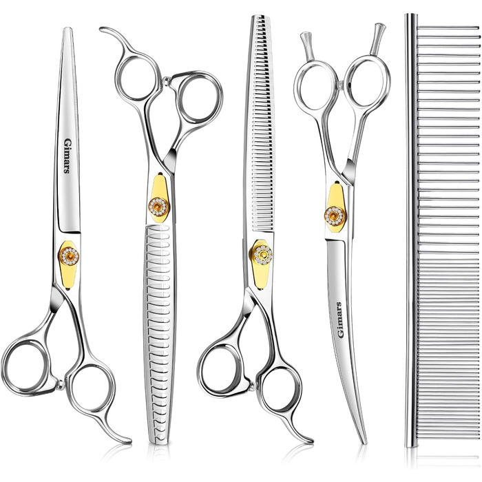 Професійна доглядацька ножиця для собак Gimars 8 дюймів (20.3 см) з нержавіючої сталі 440C, 6-в-1, ергономічна, для собак та котів, золота