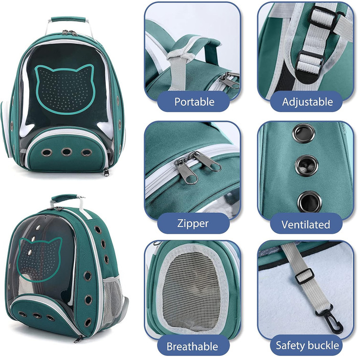 Рюкзак для котів та маленьких собак PETCUTE, дихаючий, знімний килимок, до 6 кг, з прозорим вікном, для подорожей (темно-зелений)