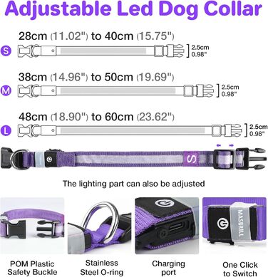 Світловідбиваючий нашийник для собак ASBRILL з USB-C, LED нашийник для собак, регульований, водонепроникний, 3 режими світіння, для малих, середніх та великих собак (L, фіолетовий)