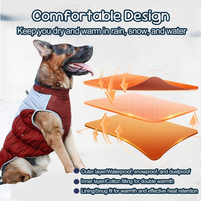 Зимовий теплий одяг для великих собак, XL-5XL. Червоний зимовий теплий одяг для собак, великих порід, з відбиваючими елементами, для снігу, з високим коміром.