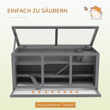 Клітка для гризунів PawHut, з рампою та вигнутою гіркою, відкидна верхня частина, знімний піддон, дерево сосна та PS пластик, 115 x 60 x 55 см (Сірий)