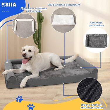 Ортопедичне ліжко для великих собак KSIIA 121x76x18 см, знімний чохол, пране, XXL диван для собак з трьома піднятими бортами, нековзка основа, сірий