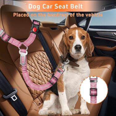 Безпечний поводок для собак у машину Seyezo, 3 шт., регульований, світловідбиваючий, для кріплення до підголів'я, рожевий