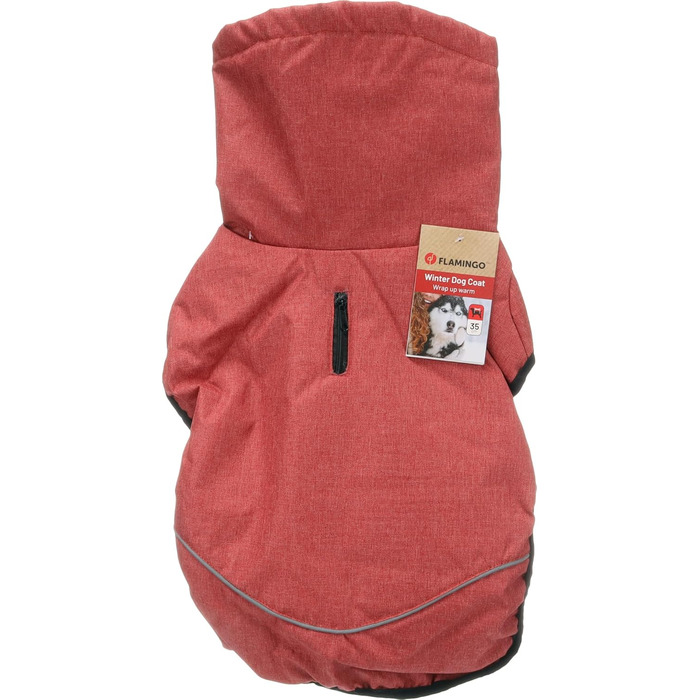 Нашийник для собак Flamingo Hundemante Winter – Igu, 50 см, теплий та модний, поліестер, водовідштовхувальний, ізотермічна внутрішня підкладка, світловідбиваючий, захист грудей та живота, отвір для повідка (Червоний, XS)