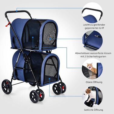 GYMAX Складаний візок для собак, буги для тварин з 2 знімними кишенями, візок для собак з передніми та задніми дверцятами, переноска для домашніх тварин з сітчастою тканиною та колесами з гальмами, переноска для собак та котів (Блакитний)
