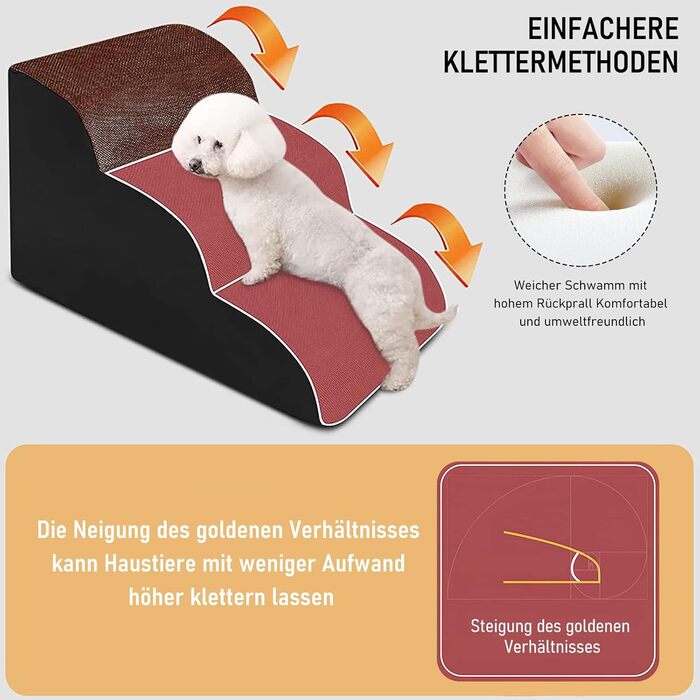 Сходинки для собак Caliyo, 3 сходинки, для маленьких собак та котів, 40 см, знімний чохол, неслизьке дно (60×40×40 см)