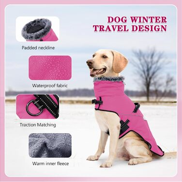PAWIVID Водонепроникний зимовий одяг для собак - вітрозахисна куртка з шлейкою та карабіном для маленьких, середніх та великих собак. Підходить для прогулянок та походів на відкритому повітрі (Рожево-червоний, M)