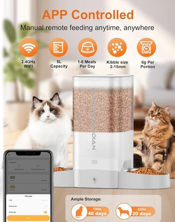 Автоматичний годівниця для котів HoneyGuaridan з Wi-Fi, 2 миски, 5 л, білий