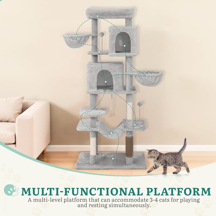 Котячий комплекс YITAHOME для великих котів з дряпалкою, будиночком та платформами, сірий, 157 см
