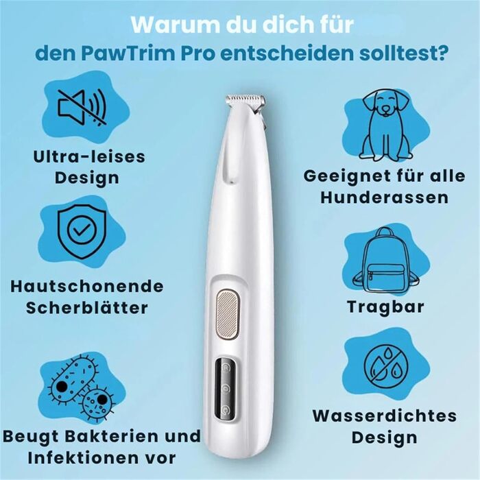 Професійний триммер для собак Dr. Pfoten PawTrim Pro - безболісна догляд за лапами, електрична машинка для стрижки собак з LED-підсвічуванням та водонепроникним дизайном, білий