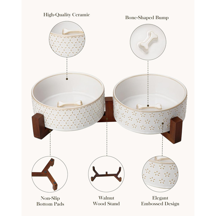 Набір мисок для собак Malacasa з підставкою з горіхового дерева, 3.5 чашок кераміки, миски для кормів та води для цуценят та собак, з антиковзним дном, підходить для собак та котів. В комплекті: п'ятилистове трав'яне добриво + стільнички.