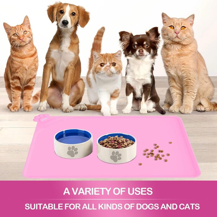 Водонепроникний килимок для годування домашніх тварин з високими бортиками, 55 x 38 см, силіконовий, неслизький, для собак та котів, запобігає розливанню води (рожевий, 48 x 30 см)