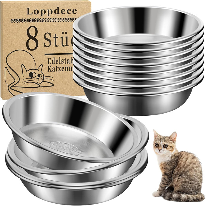 Набір з 8 мисок для котів Loppdece з нержавіючої сталі, 14 см, для чутливих вусів, підходить для кошенят та маленьких собак, можна мити в посудомийній машині