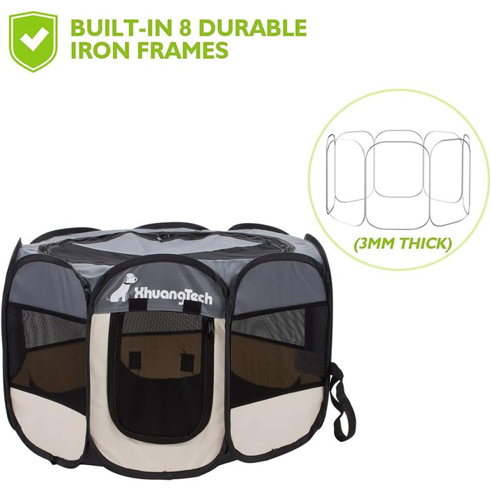 Клітка-манеж для тварин XhuangTech: собаки, коти, цуценята, 80x80x58.4 см, м'який матеріал, портативна, складана, для дому та вулиці, сіра та бежева