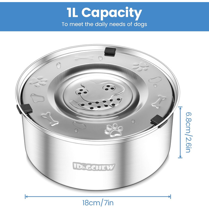 Миска для собак IDOGCHEW з нержавіючої сталі, проти облизування, з неслизьким дном, 1л, срібна