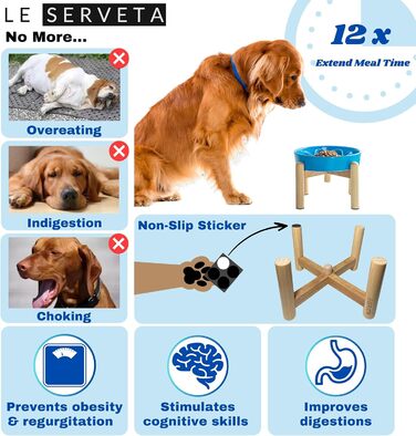 Миска для собак LE SERVETA Slow Feeder з кераміки, піднята, 3 миски, з дерев'яною підставкою, для собак середніх та великих порід, інтелектуальна миска-пазл (Блакитна)