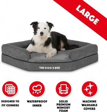 Ортопедичне ліжко для собак з memory foam, водонепроникне, кутове, середнього розміру, чорний плюш, для собак з артритом та дисплазією кульшових суглобів, терапевтичне та підтримуюче