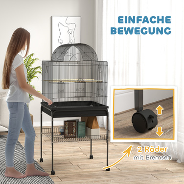 PawHut Birdcage Велика клітка для папуги з піддоном, лоток, станція для годування, шпаківня з коліщатками для канарок, сталь 63 x 53 x 144 см Чорний | Аосом