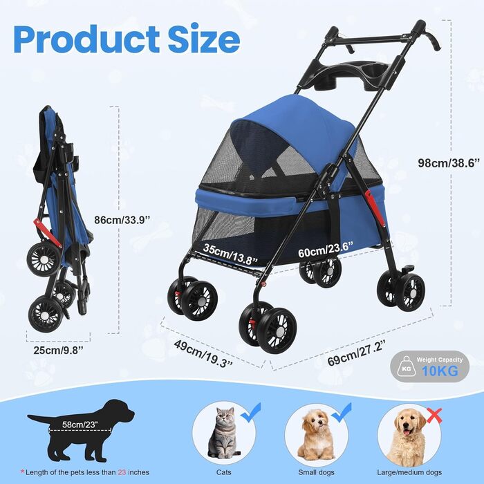 Легкий та складаний переносний візок для собак, блакитний. З сонцезахистом, гальмами та місцем для зберігання (до 10 кг)