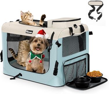 Транспортна переноска для собак та котів Reerooh Hundebox M, 60x42x42 см, складана, з мискою, блакитна