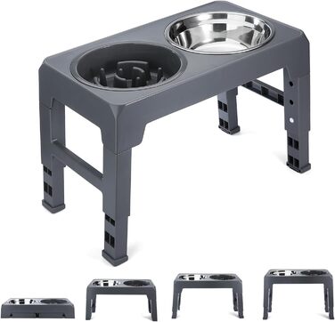 Підвищений годівниця для собак, регульована висота, підставка, 4 рівні, повільне годування, миска для собак з нержавіючої сталі для малих, середніх та великих собак (сіра)