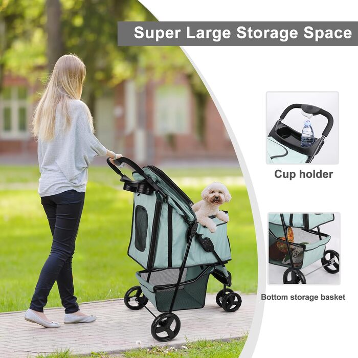 Дитяча коляска для тварин, складана, для котів/собак, з кошиком для зберігання та тримачем для напоїв, 3 колеса, для собак та котів, для маленьких або середніх собак, котів, цуценят (Блакитно-зелений)
