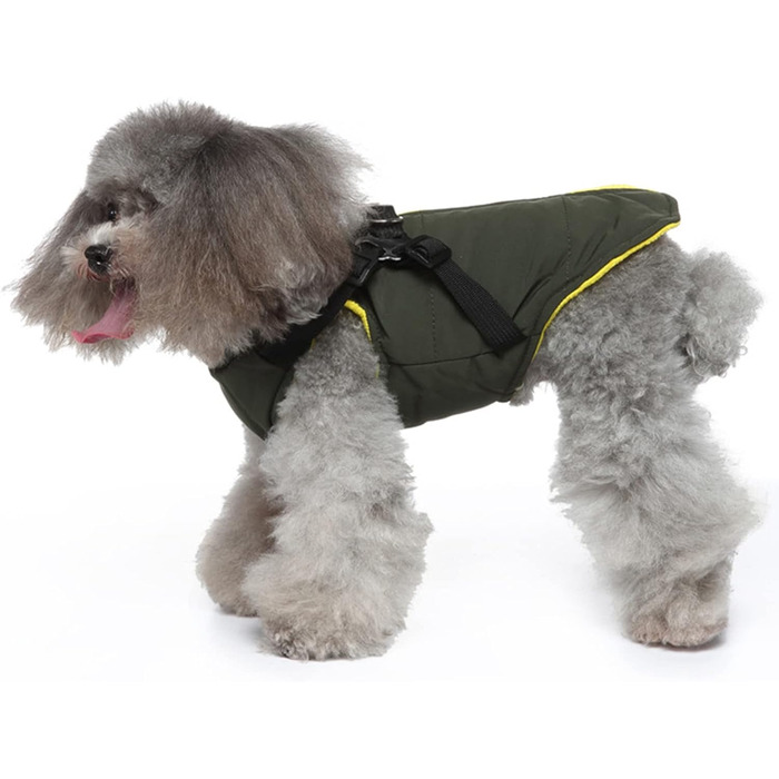 Зимова куртка для собак 2 в 1 з шлейкою, тепла куртка для цуценят та собак маленьких та середніх порід, зелена. Розміри: S (34 см), XL (49 см)