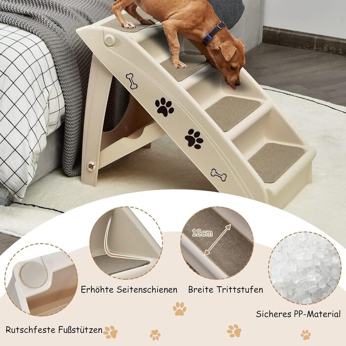 Сходинки для тварин GYMAX: 4 сходинки, складна конструкція, пластик, антиковзкі підкладки, килимки, для котів та собак (Бежевий)