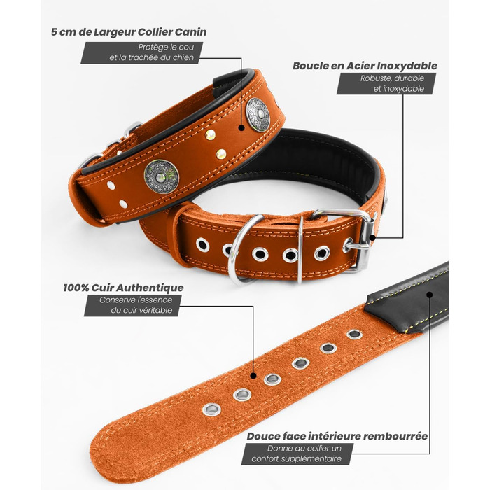 Нашийник для собак з натуральної шкіри, 5 см, помаранчевий, ручної роботи, L (53.5-63 см)