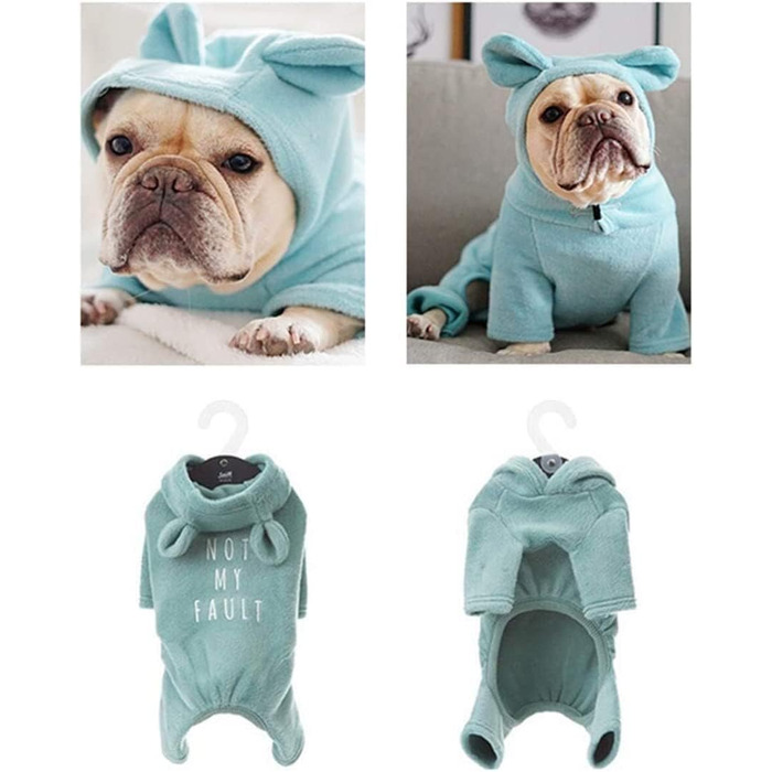 Піжама для собак з м'якої бавовни, комбінезон, худі з вушками кролика для Французького бульдога/Англійського бульдога/Американського пітбультер'єра XL, блакитний
