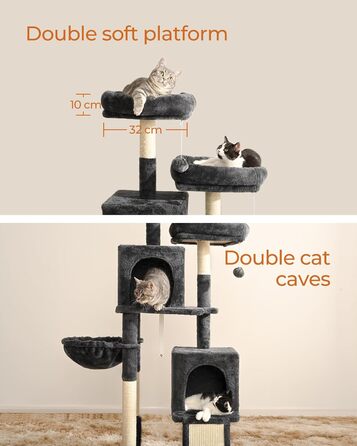 Котячий дряпак FourFurPets 156 см для дому з сизалевою драбиною, двома платформами, двома будиночками, гамаком і плюшевими м’ячиками, димчасто-сірий
