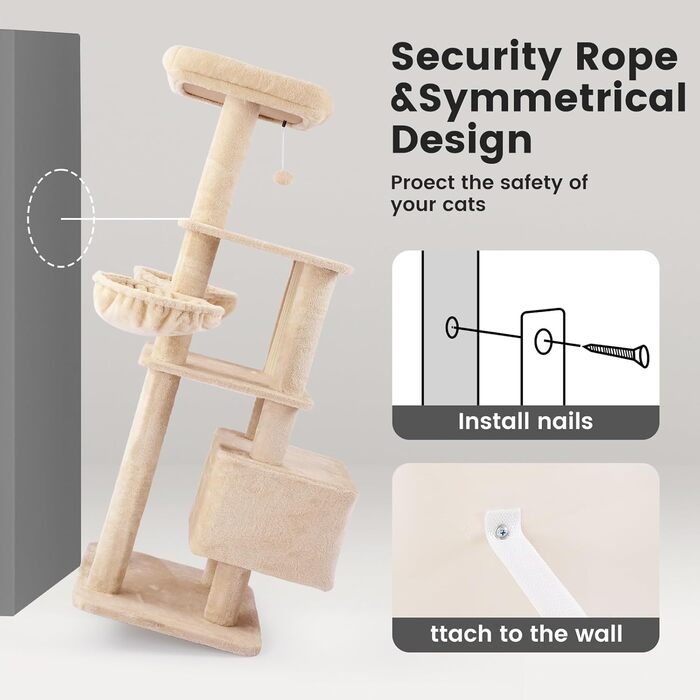 Кігтеточка для котів Gardner Pet Katzenbaum, велика, 105 см. Активна кігтеточка з колоною, платформою, 2 печерами, кошиком для котів. Компактні меблі для котів у квартиру, темно-бежева (L (59 x 48 x 165 см))