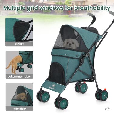Дитяча коляска 3-в-1 для собак та котів, складана, 6 коліс, дихаюча сітка, темно-зелена