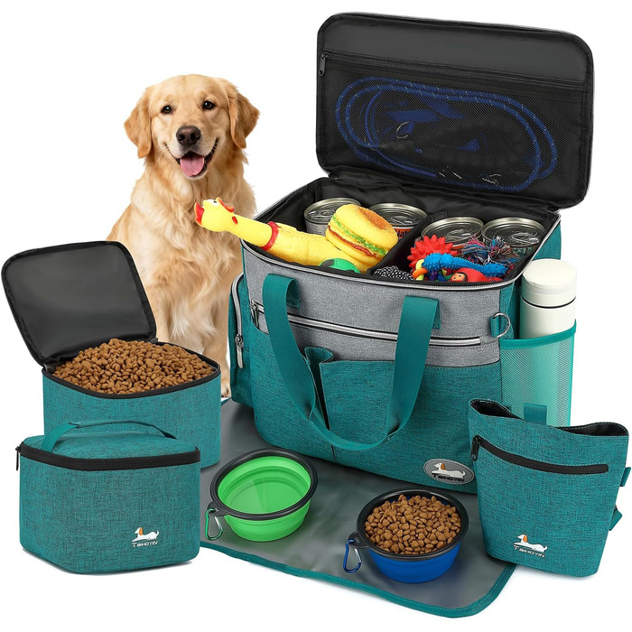 Сумка для собак у подорожах: рейс, аксесуари, 2 місткості для корму, складна миска, килимок, кишеня для ласощів, блакитно-зелена