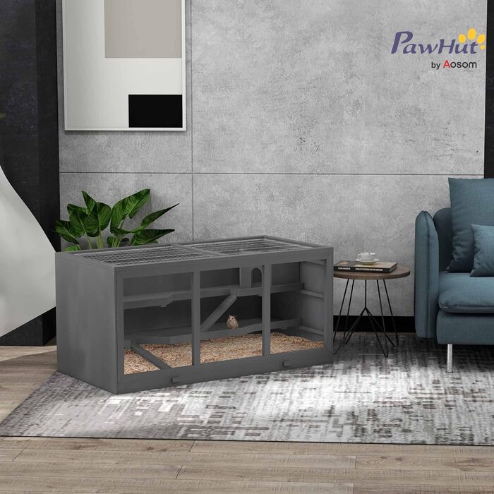 Клітка для гризунів PawHut, з рампою та вигнутою гіркою, відкидна верхня частина, знімний піддон, дерево сосна та PS пластик, 115 x 60 x 55 см (Сірий)