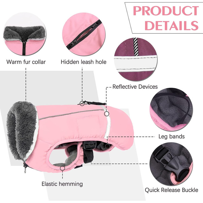 Теплий зимовий одяг для собак QBLEEV: водонепроникна куртка з флісовою підкладкою, рогатий комір, для холодної погоди, всі розміри, рожевий, L (Обхват грудей 50-80 см)