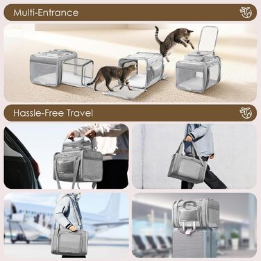 Розширювана сумка-переноска для собак та котів TSA Airline Approved (сіра, L 46x28x28 см) з самоблокуючими застібками для цуценят, кошенят та гризунів