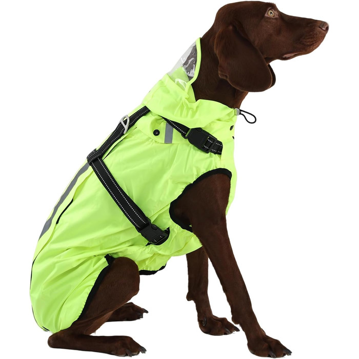 Водонепроникний дощовик для собак, дощова куртка з світловідбиваючими смугами, нагрудник H-подібної форми (D-кільце) та знімний капюшон з візором, ідеально підходить для собак середніх та великих порід [Неоновий зелений, розмір 3XL] 3XL Зелений