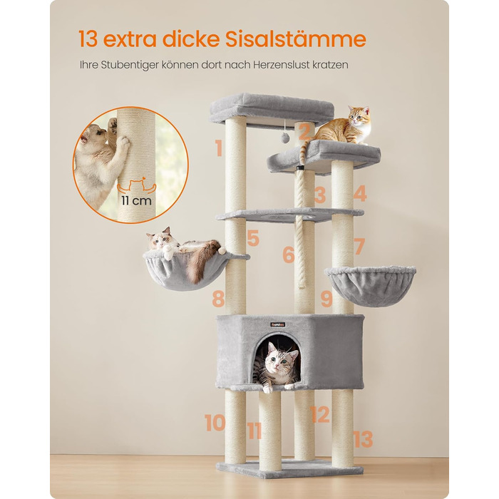 Декілька поверхів, великий котячий будиночок Feandrea, XXL, 55 x 55 x 186,7 см, товсті сизалеві стовпи (11 см), для великих котів (наприклад, мейн-кун), сірий та чорний котячий будиночок, PCT008G02