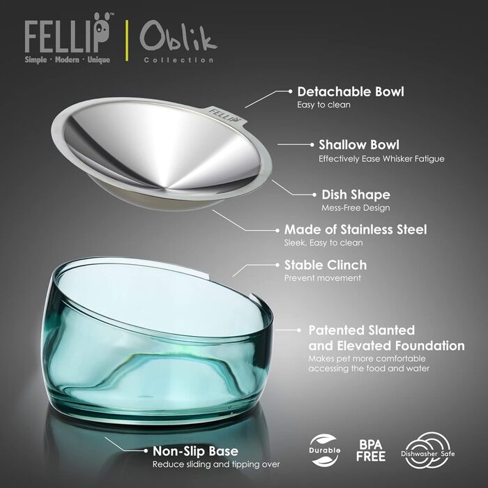 Felli Pet піднята миска для котів з нержавіючої сталі, антивтомна, антивиливна, кутова, плоска, проти блювання, акрилова підставка, для кошенят та цуценят