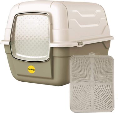 Туалет для котів Cat Centre з кришкою, лотком, дверцятами, совочком та вугільним фільтром для великих котів, 52 x 40 x 40 см (Сірий + сірий килимок)