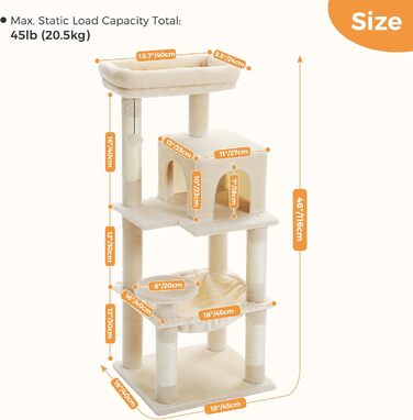 Комплекс для котів PAWZ Road з гамаком, будиночком та 6-ти ярусними полицями, 143 см