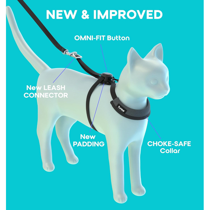 Шлейка для собак та котів Furee з застібкою-кнопкою, чорна/сіра, розмір M, анти-зрив, регульована, для малих порід, кроликів, хом'яків